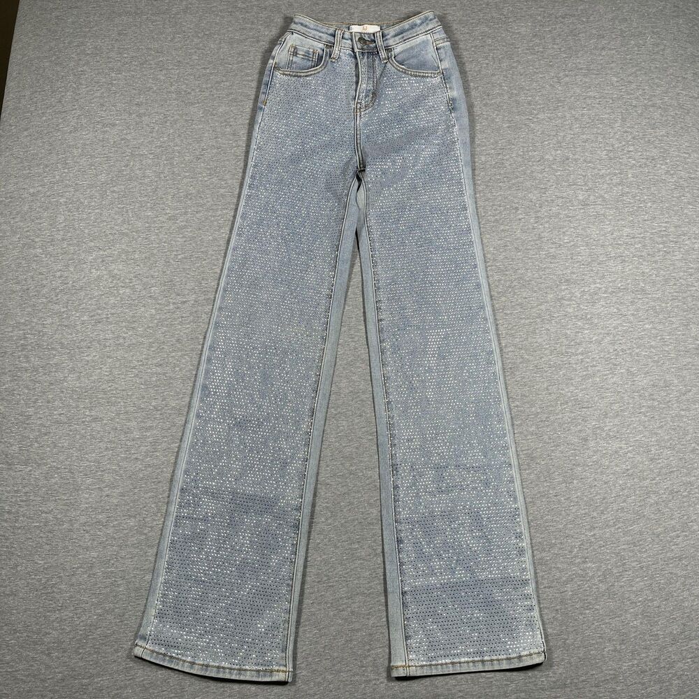 Austin Landing Jeans Juniors 00 (19x31) Blue Flared High Rise Rhinestone Studded